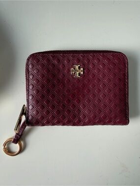 Tory Burch Quilted Zip Wallet in Wine with Gold Logo and key ring